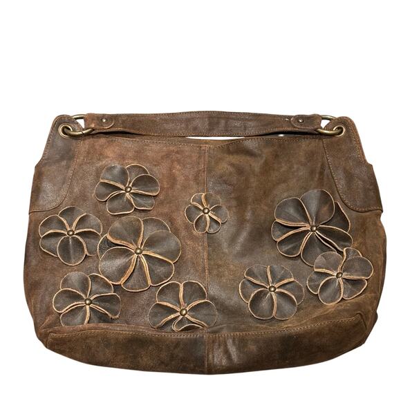 Anthro Lucky Penny Distressed Brown Suede Large 3D Floral Shoulder Bag - Picture 1 of 7